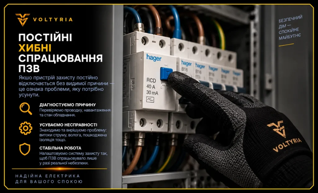Монтаж і заміна ПЗВ в Одесі під ключ Діагностика хибних спрацювань ПЗВ Hager в електрощиті — перевірка струмів витоку та несправностей електропроводки, Voltyria, Одеса.