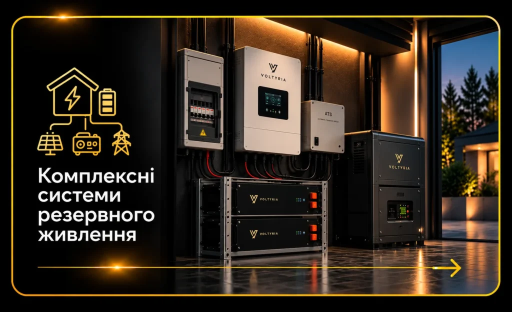 Резервне живлення в Одесі: системи автономного електропостачання під ключ Комплексні системи резервного живлення з інвертором, акумуляторами та генератором для автономного електропостачання будинку в Одесі Voltyria