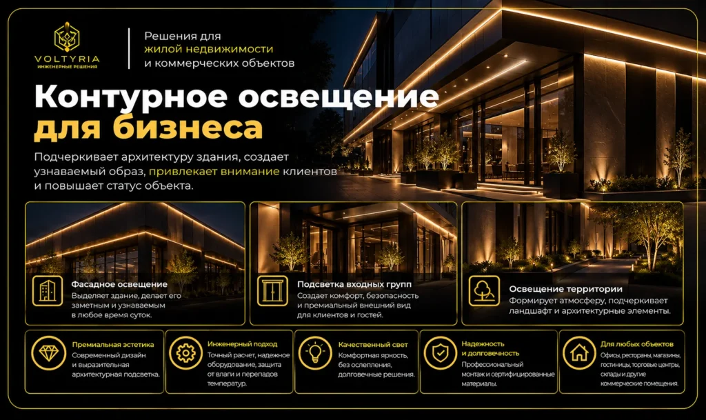 Монтаж светодиодного (LED) освещения и контурной подсветки в Одессе Контурное освещение фасадов и коммерческих объектов для бизнеса — Voltyria