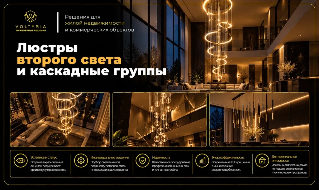 Люстры второго света и каскадные светильники в интерьерах с высокими потолками — варианты декоративного освещения Voltyria