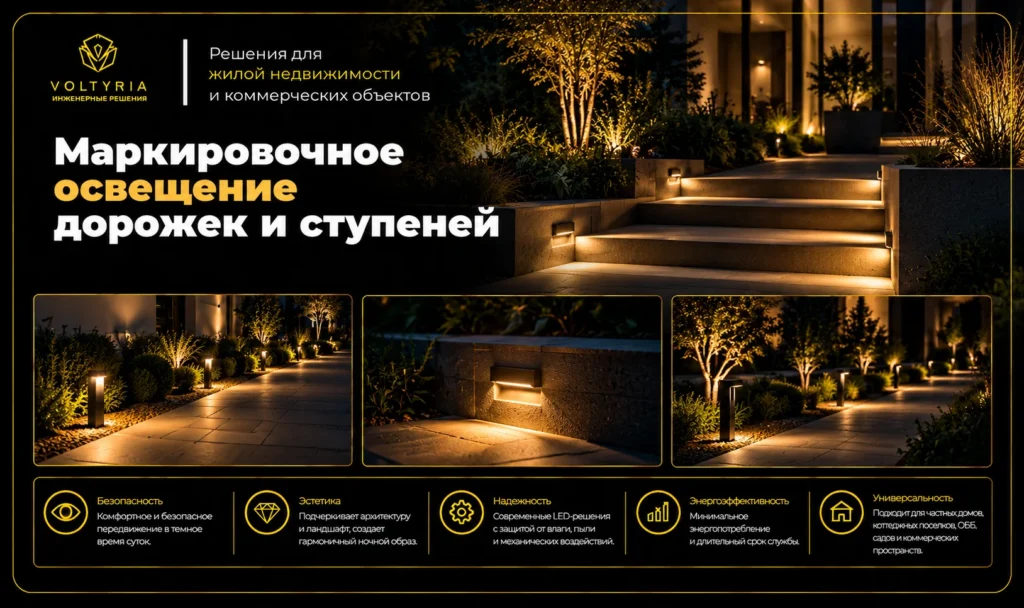 Ландшафтное освещение участка и сада в Одессе под ключ
Маркировочное LED-освещение садовых дорожек и ступеней с встроенными светильниками в ландшафтном дизайне частного дома — Voltyria, Одесса.