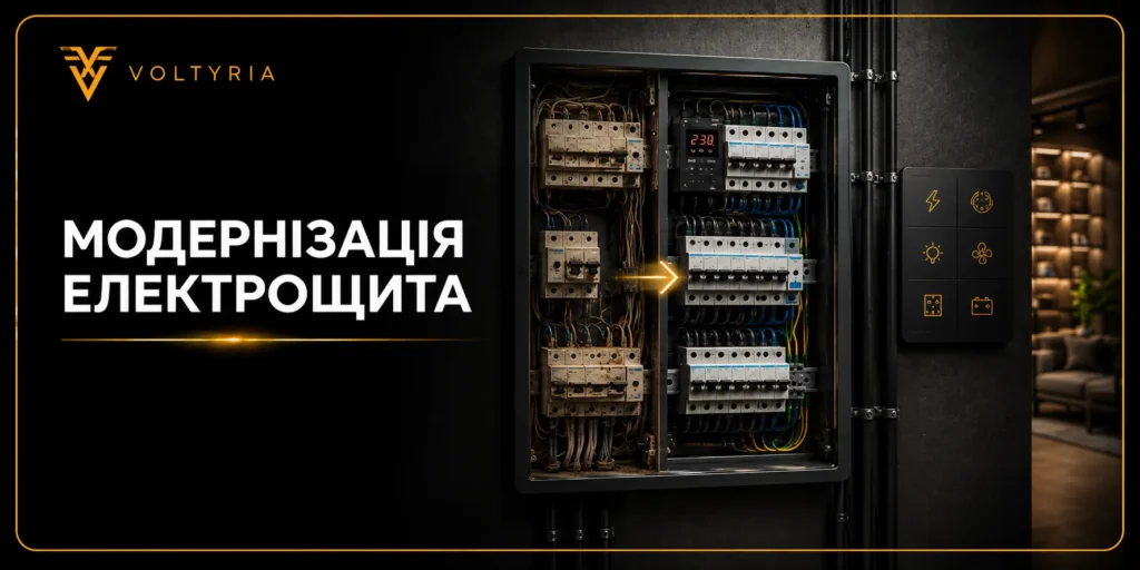 Модернізація електрощита в Одесі — порівняння старого та оновленого електрощита з автоматичними вимикачами й захисною автоматикою Voltyria.