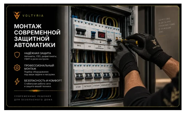 Монтаж сучасної захисної автоматики під час модернізації електрощита в Одесі — електрик Voltyria встановлює автоматичні вимикачі, ПЗВ та реле контролю напруги.