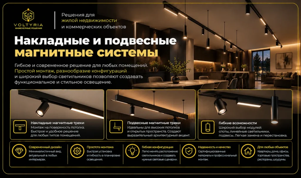 Накладные и подвесные магнитные трековые системы освещения — монтаж Voltyria