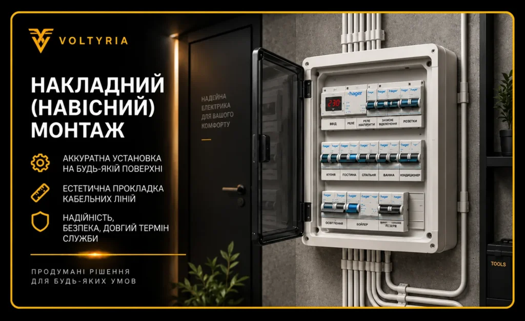 Монтаж накладного електрощита Voltyria в Одесі з автоматичними вимикачами Hager та акуратним прокладанням кабельних ліній.