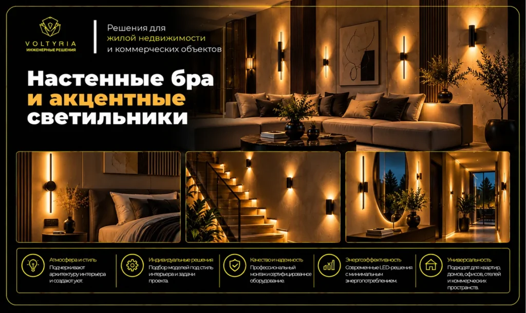 Настенные бра и акцентные светильники в современных интерьерах — декоративное освещение гостиной, спальни, лестницы и коридора от VOLTYRIA в Одессе.