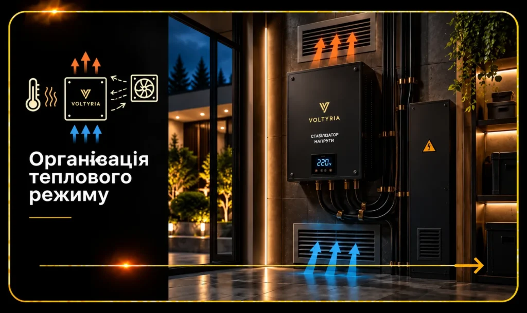 Організація теплового режиму стабілізатора напруги Voltyria — приплив холодного повітря знизу та відведення нагрітого повітря через верхню вентиляцію.