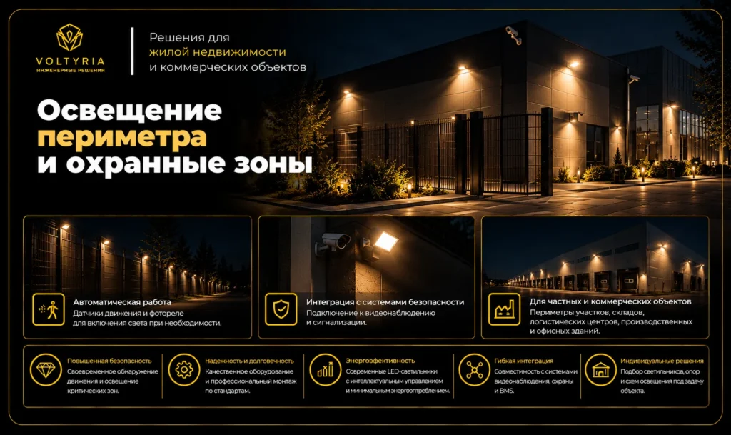 Освещение периметра и охранных зон с датчиками движения и интеграцией систем безопасности Voltyria
