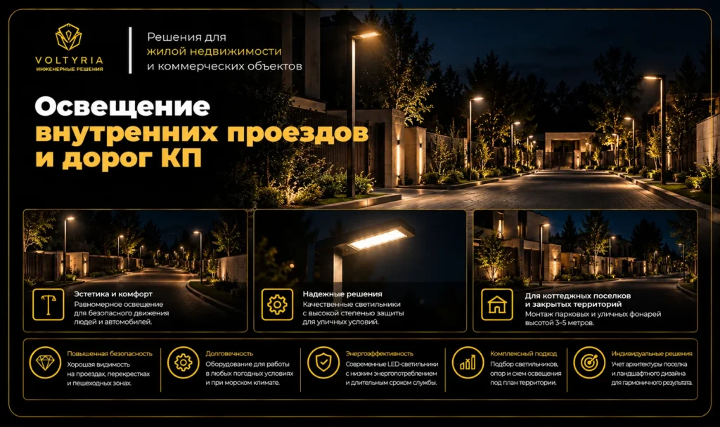 Освещение внутренних проездов и дорог коттеджного поселка уличными LED-фонарями Voltyria