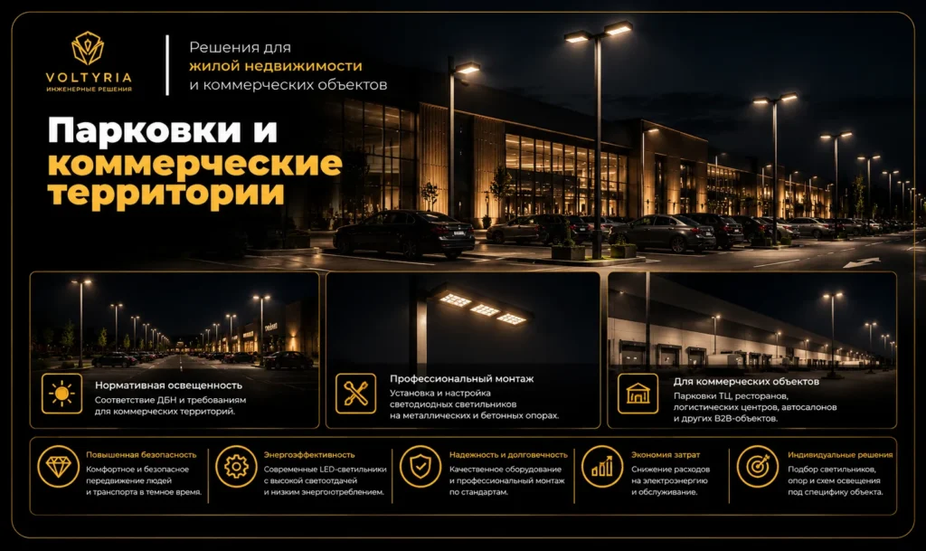 Уличное LED-освещение парковок и коммерческих территорий на металлических опорах — Voltyria