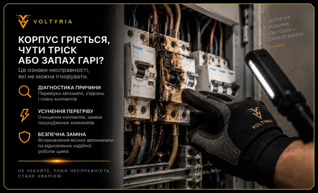 Заміна автоматів у електрощитку в Одесі Перегрів автоматичного вимикача в електрощиті — діагностика пошкоджених контактів і безпечна заміна автомата фахівцем Voltyria в Одесі.