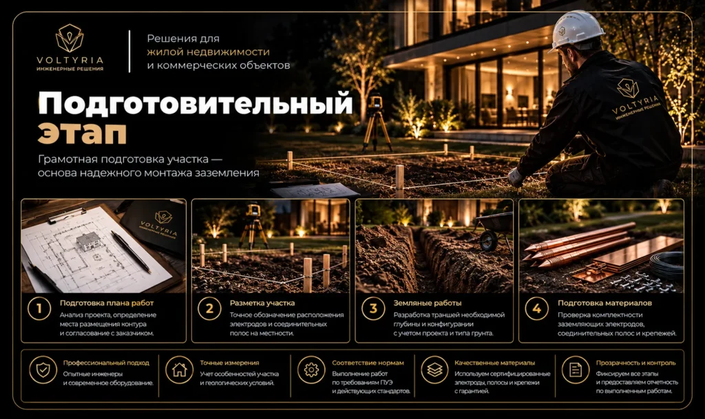 Подготовительный этап монтажа заземления в Одессе — разметка участка, земляные работы и подготовка заземляющих электродов специалистами VOLTYRIA.