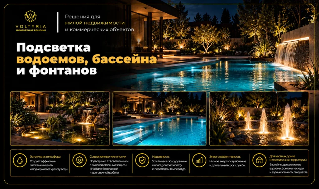Ландшафтное освещение участка и сада в Одессе под ключ
Архитектурная LED-подсветка бассейна, декоративного водоема и фонтанов в ландшафтном дизайне современной загородной резиденции — Voltyria, Одесса.