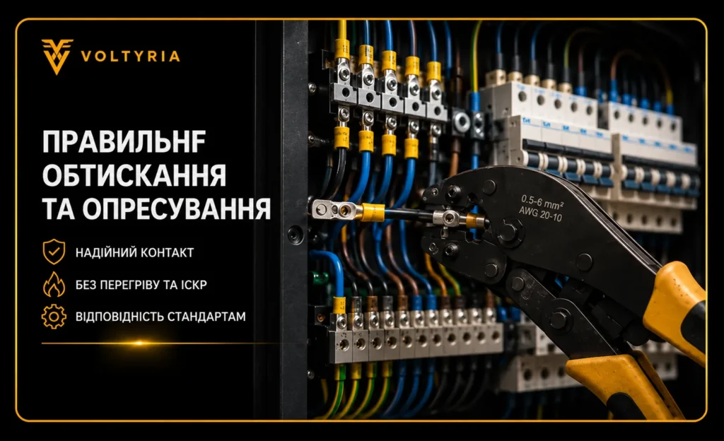Професійне обтискання та опресування проводів під час складання електрощита в Одесі — надійні електричні з’єднання Voltyria