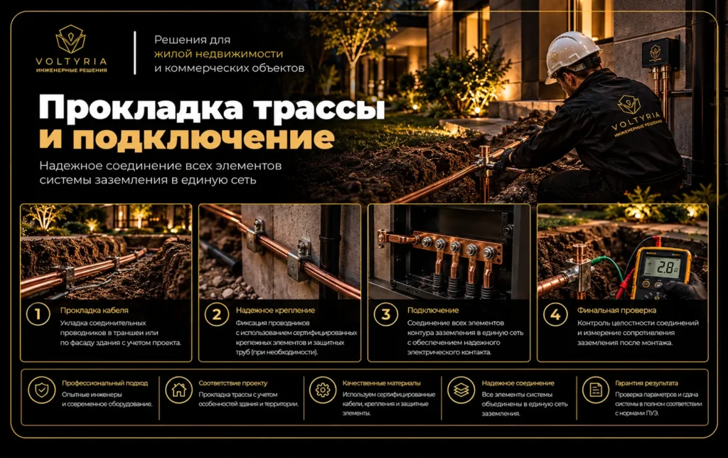 Прокладка трассы и подключение контура заземления в Одессе — монтаж заземляющих проводников, соединение с электрощитом и проверка системы Voltyria.