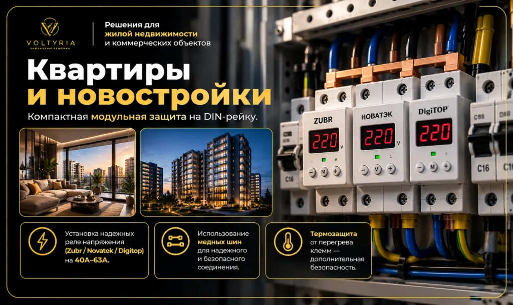 Реле напряжения Zubr, Novatek и Digitop для защиты квартир и новостроек в Одессе Voltyria
