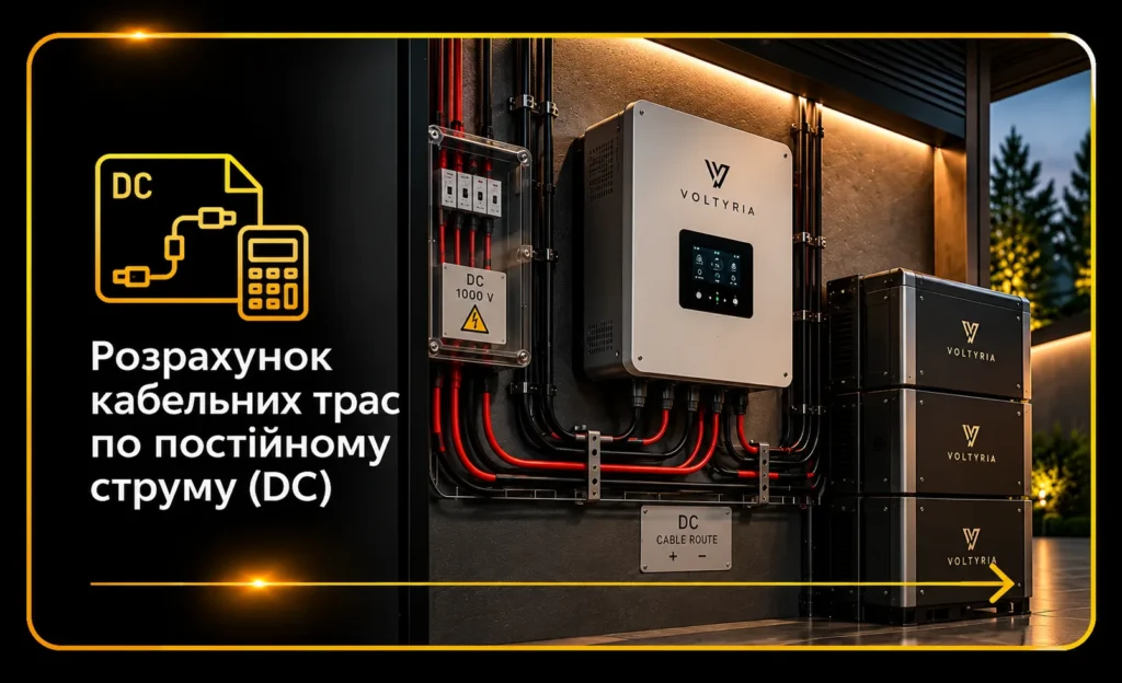 Розрахунок кабельних трас постійного струму DC для підключення гібридного інвертора та акумуляторів LiFePO4 в Одесі. Voltyria