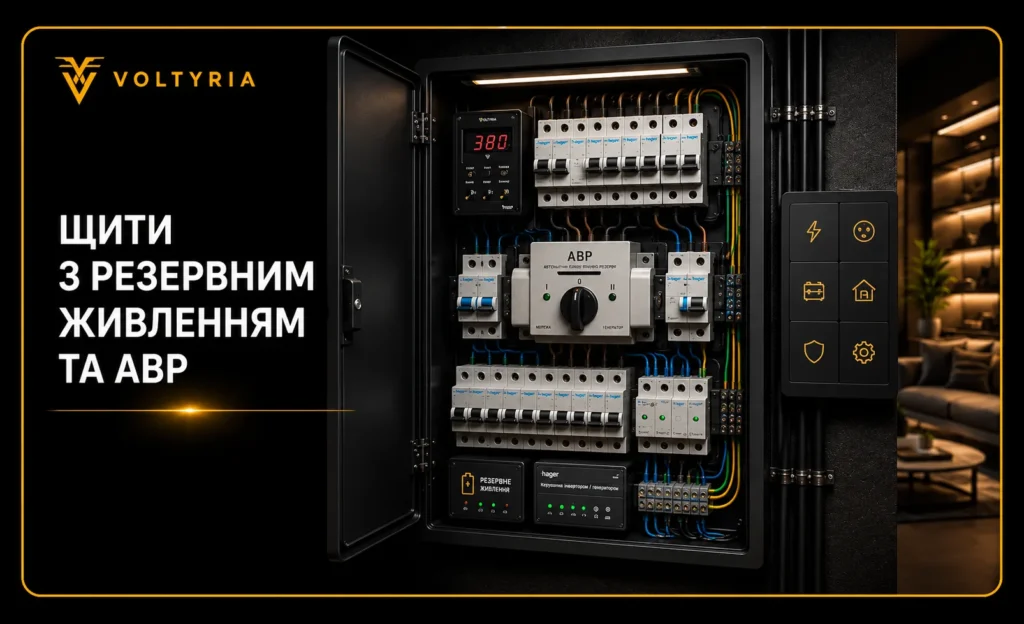 Щити з резервним живленням та АВР Voltyria в Одесі — розподільний електрощит із перемиканням між мережею та резервним джерелом живлення.