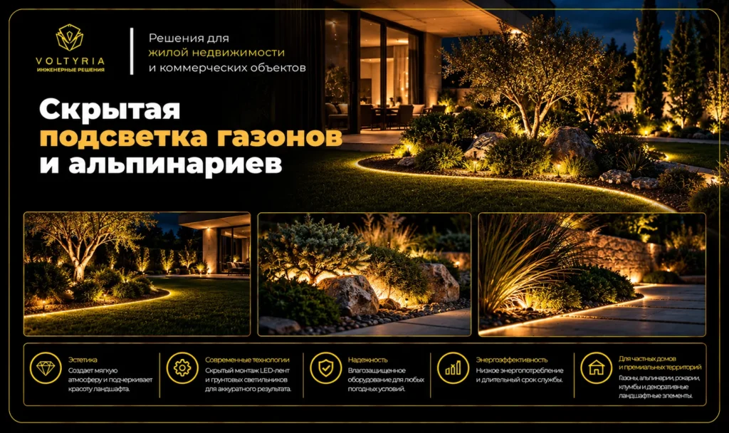 Ландшафтное освещение участка и сада в Одессе под ключ
Скрытая LED-подсветка газона, альпийской горки и декоративных растений в ландшафтном дизайне частного дома — Voltyria, Одесса.