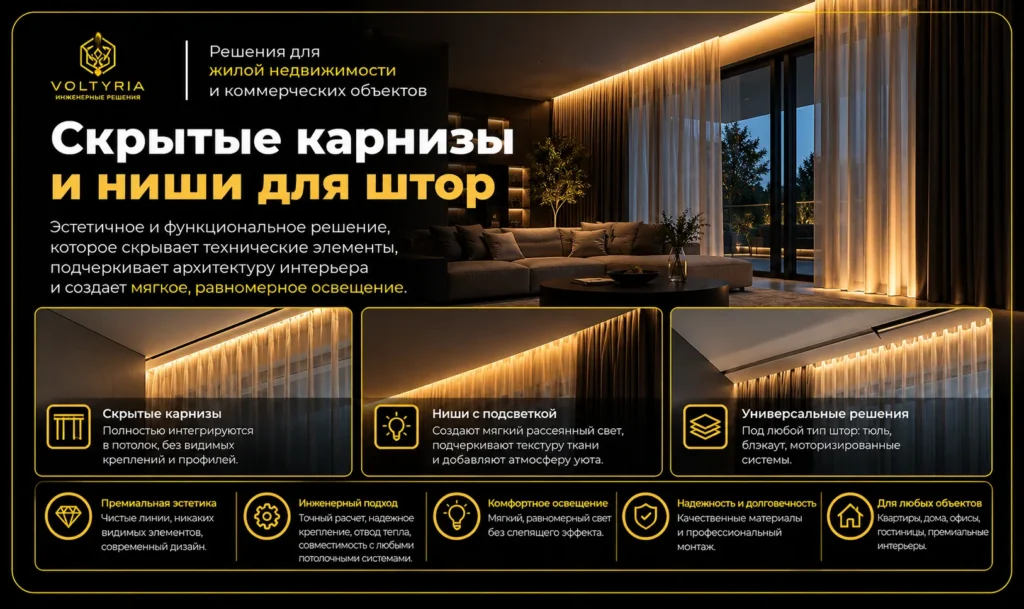 Монтаж светодиодного (LED) освещения и контурной подсветки в Одессе Скрытые карнизы и ниши для штор с LED-подсветкой в современном интерьере — Voltyria