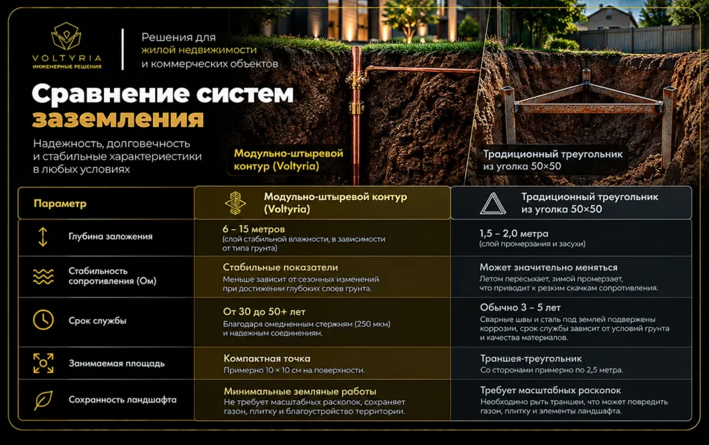 Сравнение модульно-штыревого и традиционного контура заземления: глубина установки, стабильность сопротивления, срок службы и сохранность ландшафта — Voltyria
