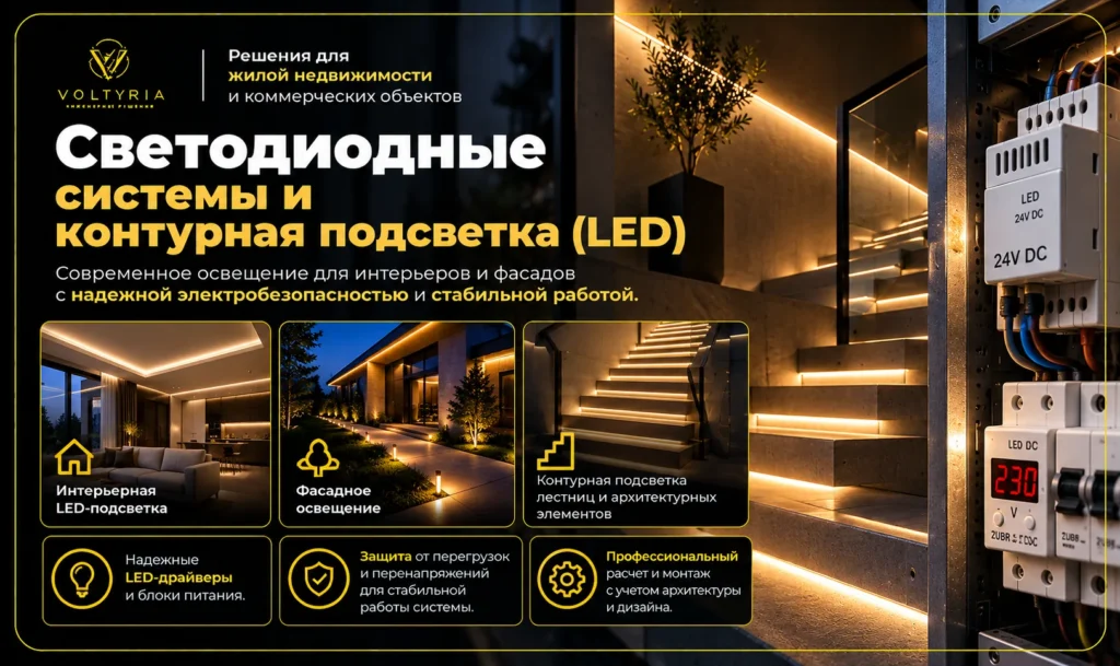 Светодиодные системы и контурная LED-подсветка интерьеров, фасадов и лестниц с защитой электросети Voltyria