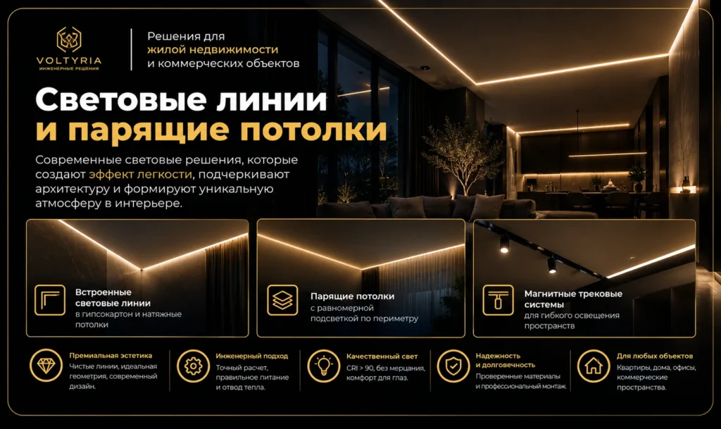 Монтаж светодиодного (LED) освещения и контурной подсветки в Одессе Световые линии и парящие потолки с интегрированной LED-подсветкой — инженерные решения Voltyria