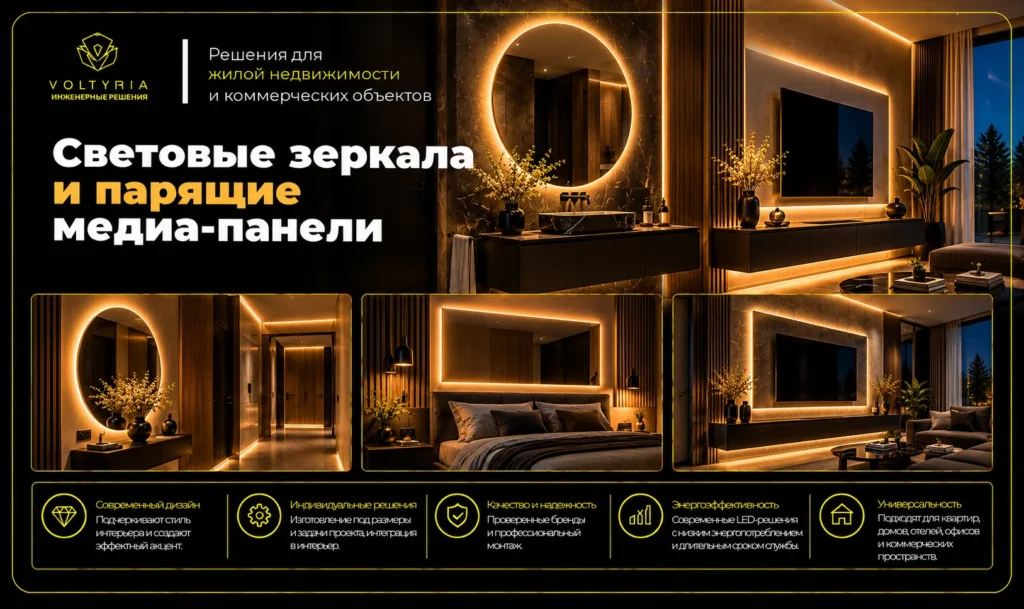Световые зеркала и парящие медиа-панели с LED-подсветкой в современных интерьерах — декоративное освещение ванной, спальни и гостиной VOLTYRIA в Одессе.
