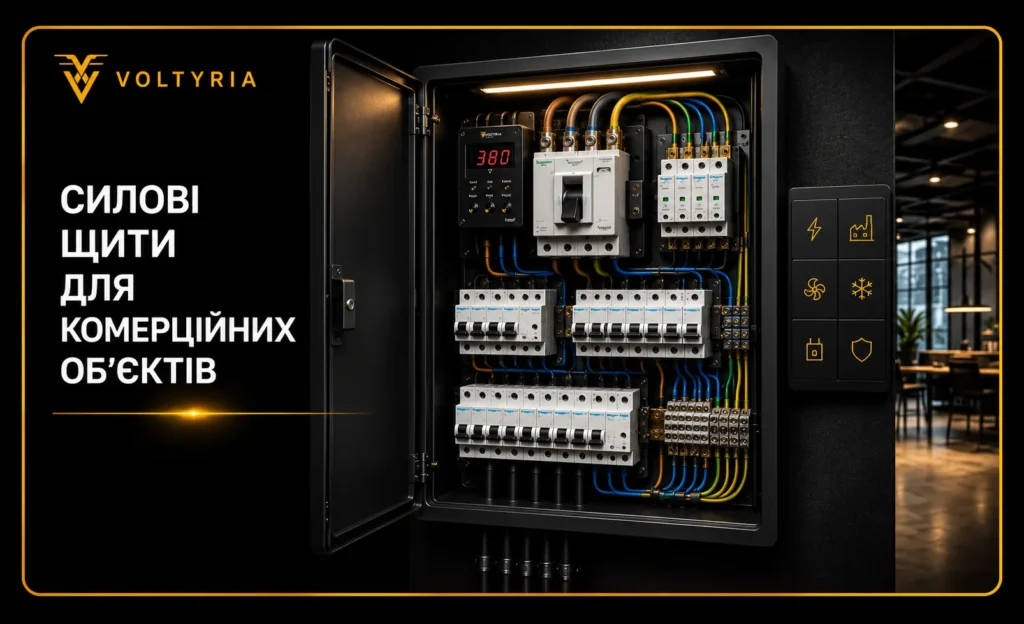 Силовий електрощит для комерційних об'єктів в Одесі — трифазний розподільний щит Voltyria з автоматичними вимикачами, захисною автоматикою та впорядкованою кабельною розводкою. 