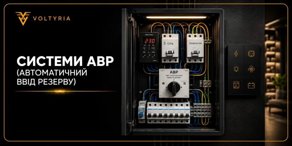 Системи АВР (автоматичний ввід резерву) в Одесі — електрощит автоматичного перемикання між основною мережею та генератором, Voltyria.