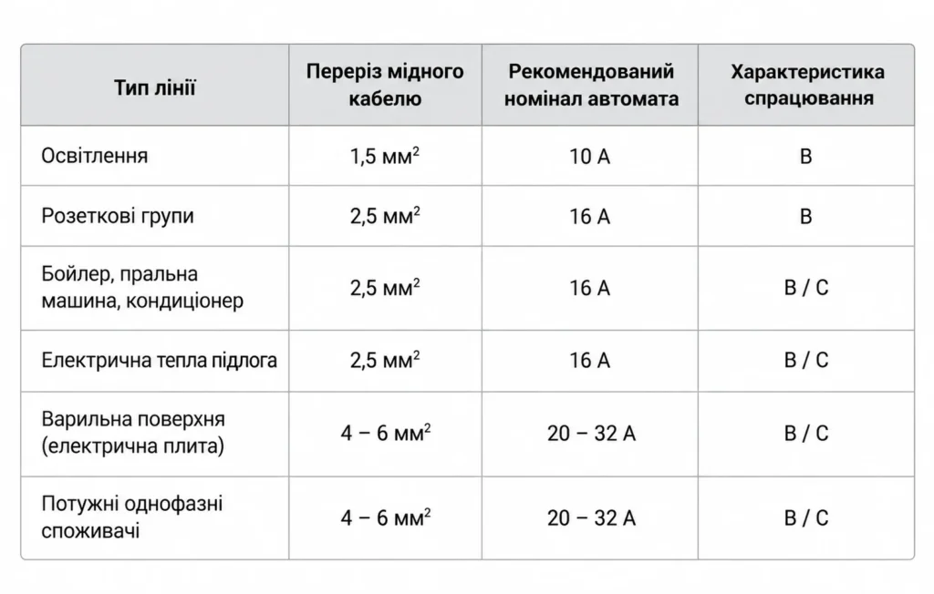 Заміна автоматів у електрощитку в Одесі Таблиця підбору номіналу автоматичних вимикачів за перерізом мідного кабелю для освітлення, розеток і побутової техніки — Voltyria.