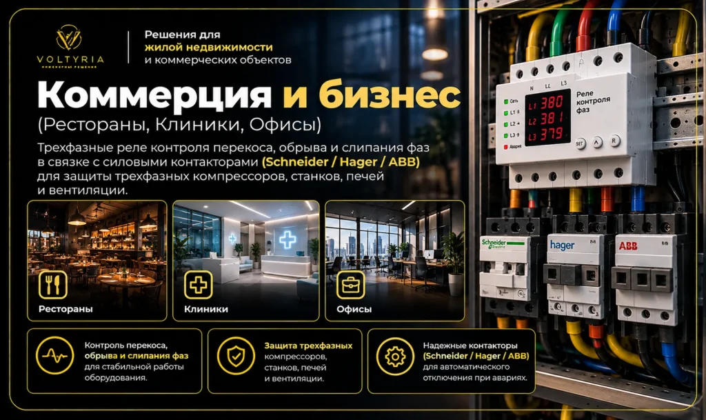 Трехфазное реле контроля фаз и силовые контакторы для защиты коммерческих объектов в Одессе Voltyria