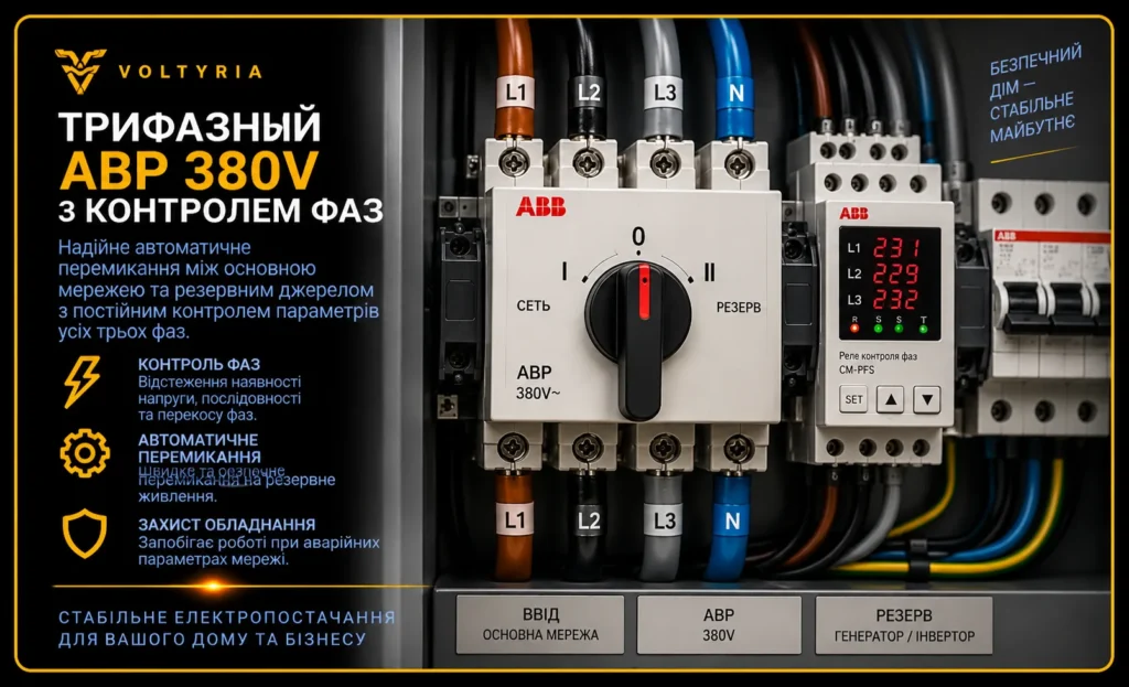 Трифазний щит АВР 380 В з реле контролю фаз ABB для автоматичного перемикання між основною електромережею та резервним живленням — Voltyria, Одеса.