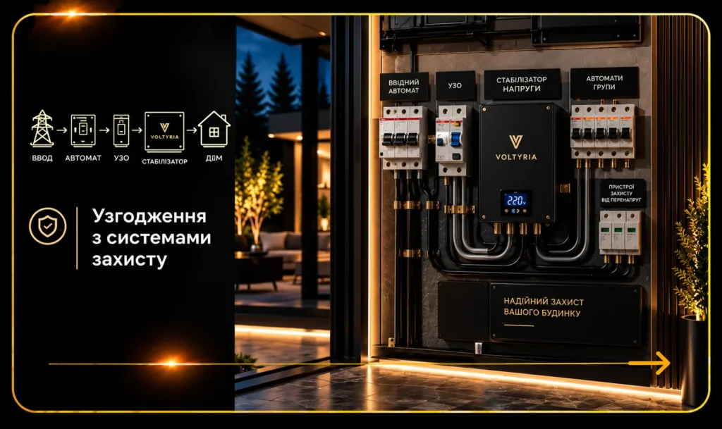 Узгодження стабілізатора напруги із системами захисту електромережі в електрощиті Voltyria.