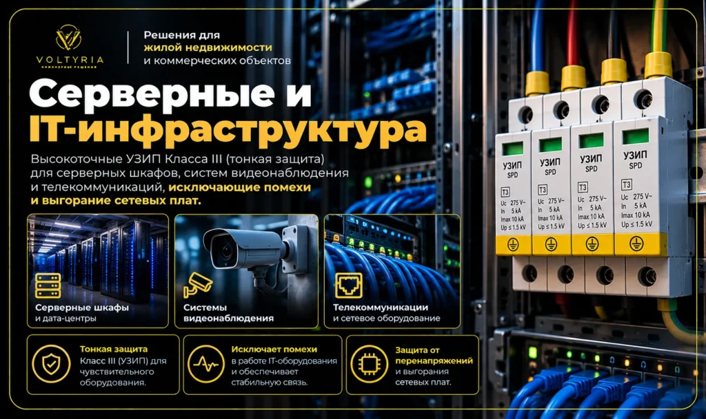 УЗИП класса III для защиты серверной и IT-инфраструктуры от импульсных перенапряжений в Одессе Voltyria
