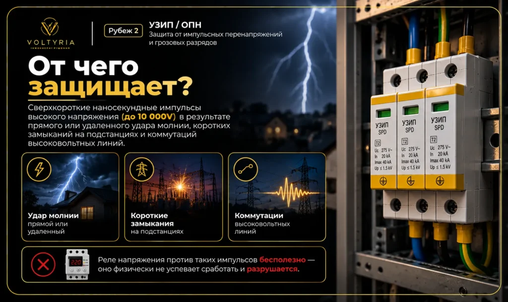 УЗИП и ОПН для защиты электросети от импульсных перенапряжений, ударов молнии и высоковольтных коммутаций Voltyria