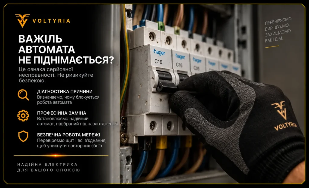 Заміна автоматів у електрощитку в Одесі Діагностика автоматичного вимикача, важіль якого не піднімається, та професійна заміна несправного автомата в електрощиті — Voltyria, Одеса.