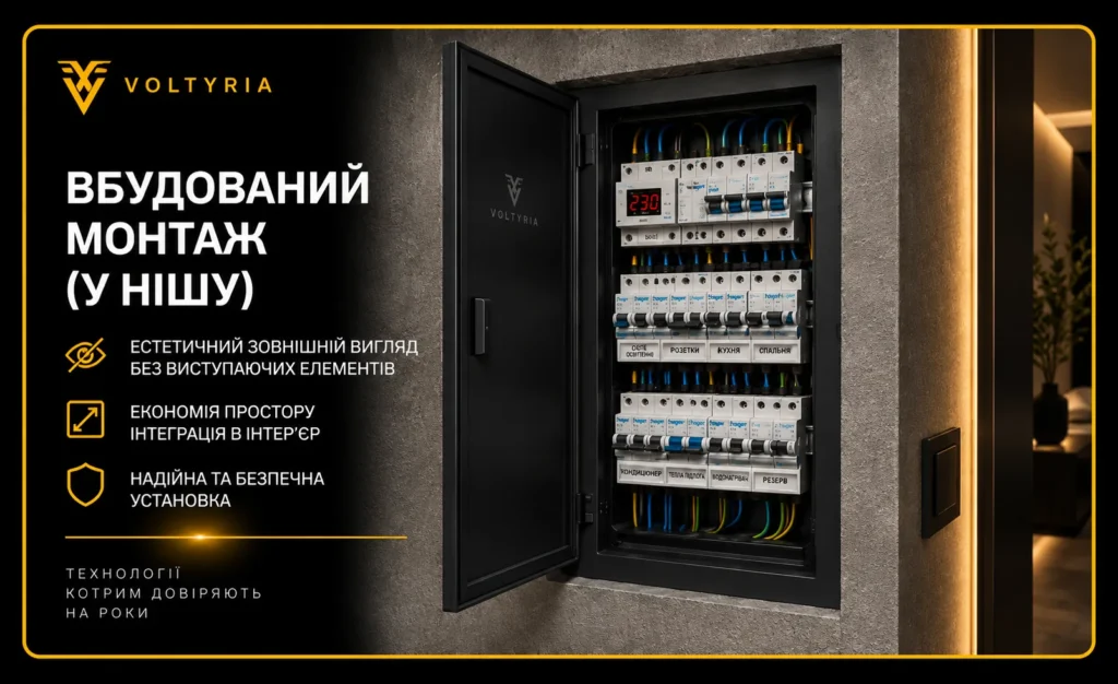 Вбудований монтаж електрощита в нішу в Одесі — розподільний щит з автоматичними вимикачами Voltyria