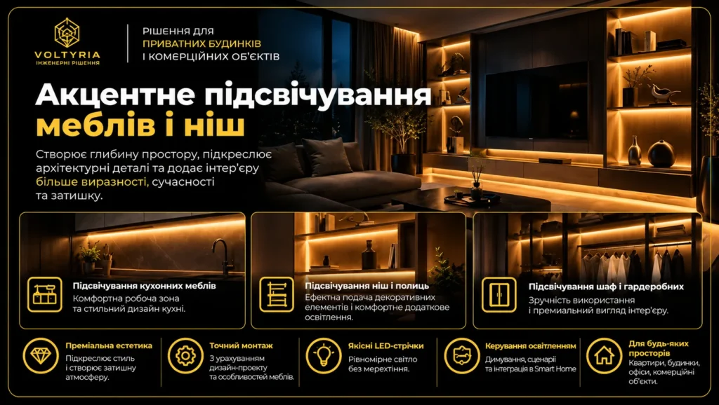 Монтаж світлодіодного (LED) освітлення та контурного підсвічування в Одесі Акцентне LED-підсвічування меблів і ніш в Одесі — декоративне освітлення кухонних меблів, полиць, шаф і гардеробних із прихованим монтажем світлодіодних стрічок | Voltyria.