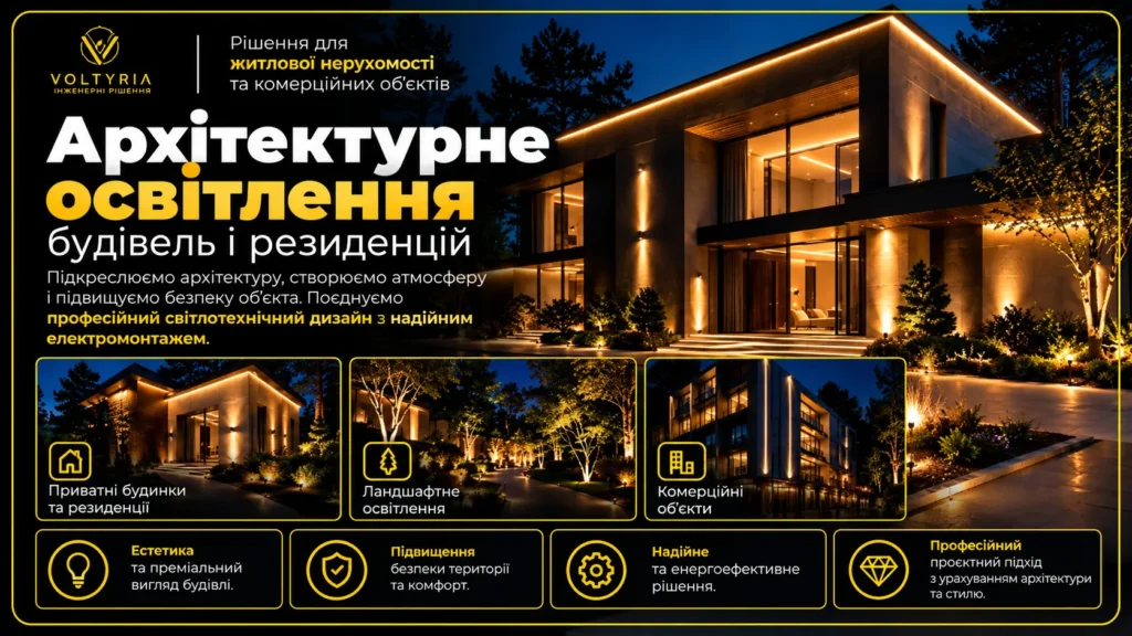 Світлотехнічний інжиніринг та монтаж складних систем освітлення в Одесі Архітектурне та фасадне освітлення приватних будинків і резиденцій в Одесі — декоративне підсвічування фасадів, архітектурних елементів і прилеглої території | Voltyria.