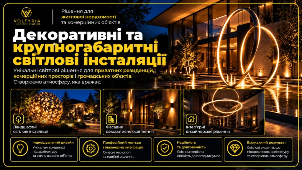 Світлотехнічний інжиніринг та монтаж складних систем освітлення в Одесі Декоративне освітлення та великогабаритні світлові інсталяції в Одесі — монтаж дизайнерських світлових конструкцій для приватних резиденцій, фасадів і комерційних просторів | Voltyria.