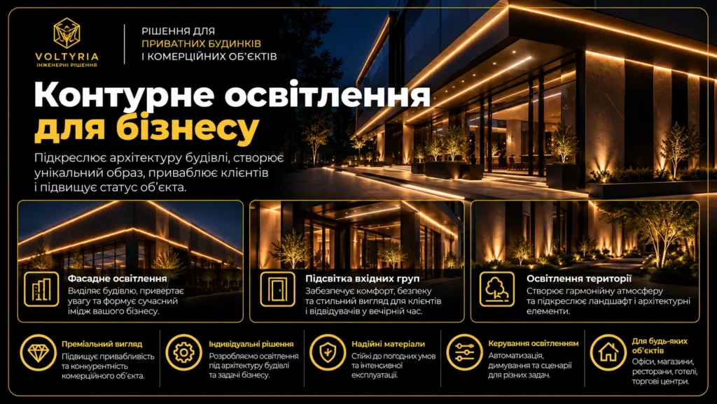 Монтаж світлодіодного (LED) освітлення та контурного підсвічування в Одесі Контурне LED-освітлення комерційних будівель в Одесі — архітектурне підсвічування фасадів, вхідних груп і прилеглої території для ресторанів, готелів та бізнес-центрів | Voltyria.