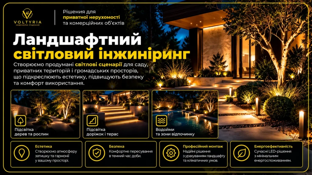 Світлотехнічний інжиніринг та монтаж складних систем освітлення в Одесі Ландшафтне освітлення ділянки та саду в Одесі — декоративне LED-підсвічування дерев, рослин, садових доріжок, терас і зон відпочинку приватного будинку | Voltyria.