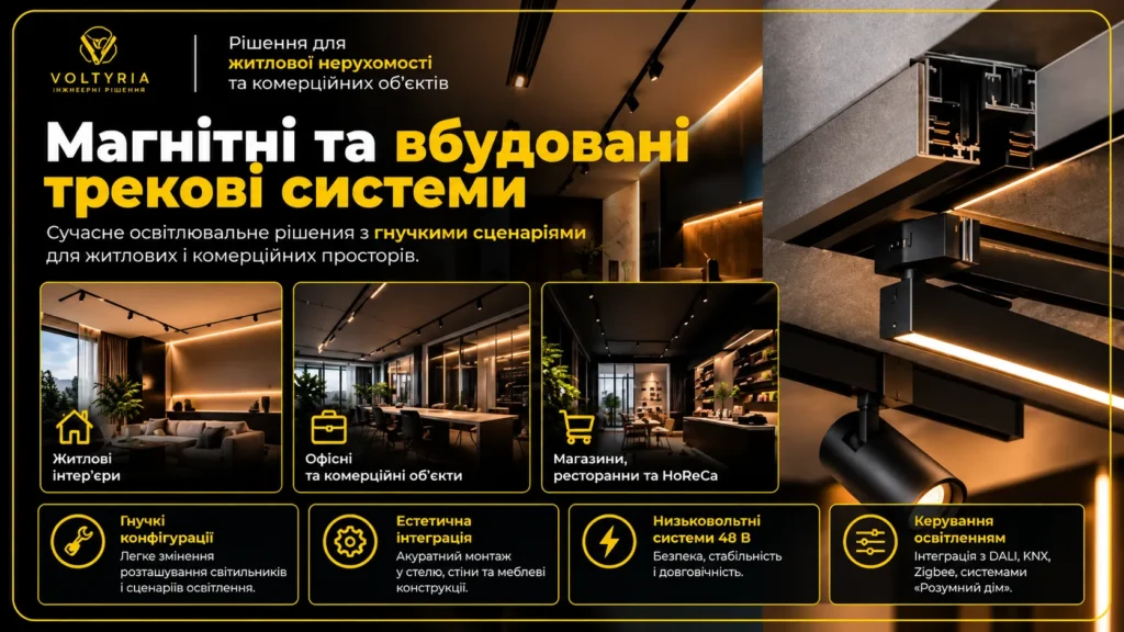 Світлотехнічний інжиніринг та монтаж складних систем освітлення в Одесі Магнітні та вбудовані трекові системи освітлення в Одесі — монтаж низьковольтних систем 48 В для житлових інтер’єрів, офісів і комерційних приміщень | Voltyria.