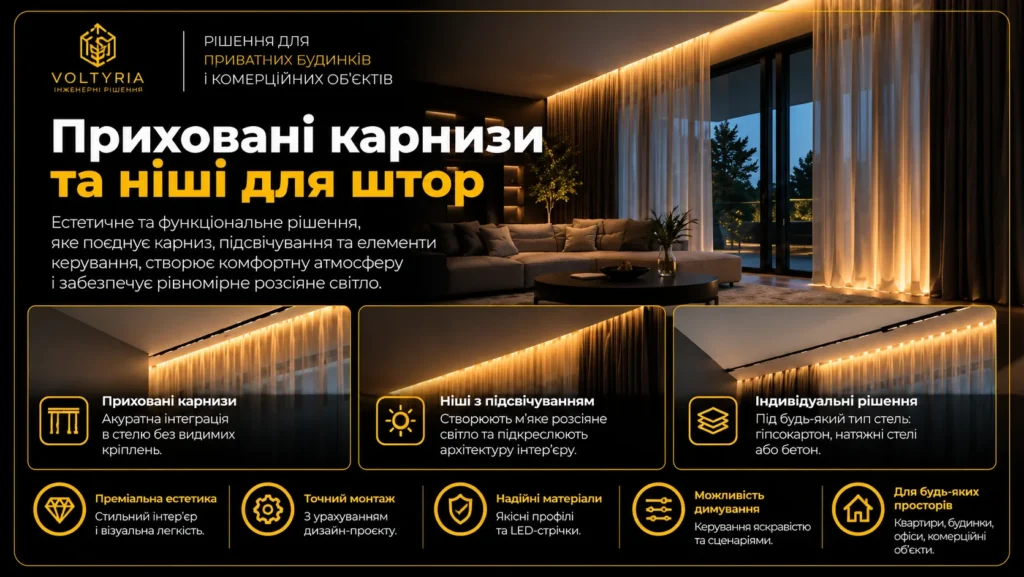 Монтаж світлодіодного (LED) освітлення та контурного підсвічування в Одесі Приховані карнизи та ніші для штор із LED-підсвічуванням в Одесі — монтаж контурного освітлення, інтеграція карнизів у стелю та декоративне підсвічування штор | Voltyria.