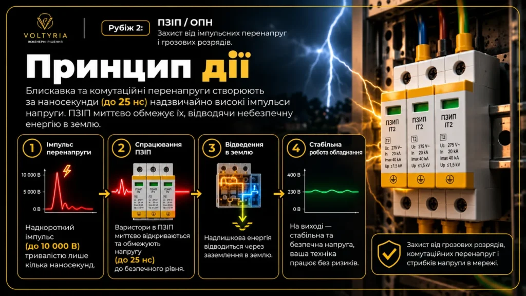 Принцип роботи ПЗІП для захисту електромережі від імпульсних перенапруг: обмеження грозових і комутаційних імпульсів та відведення імпульсного струму — Voltyria Одеса.