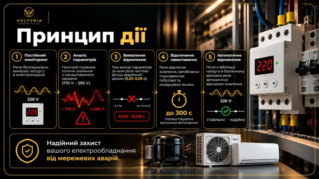 Принцип роботи реле контролю напруги: моніторинг електромережі, виявлення небезпечних відхилень, автоматичне відключення та відновлення живлення — Voltyria Одеса.