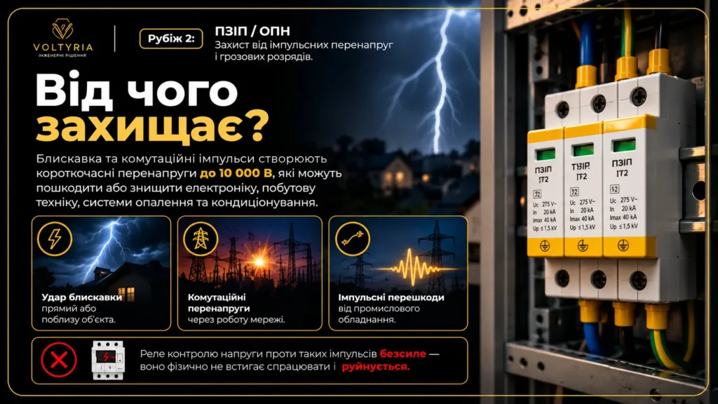 Захист електромережі від імпульсних перенапруг за допомогою ПЗІП — грозові розряди, удари блискавки та комутаційні імпульси, Voltyria Одеса.