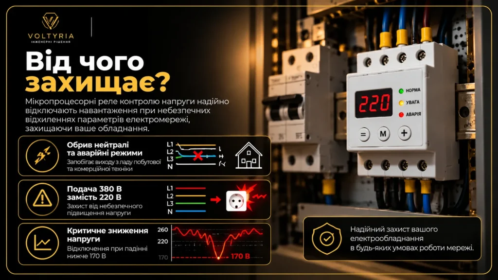 Мікропроцесорне реле контролю напруги в електрощиті — захист електромережі від небезпечних перепадів напруги та наслідків обриву нейтралі | Voltyria Одеса