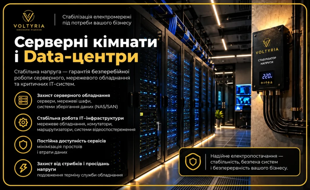 Стабілізація напруги для серверних кімнат і дата-центрів в Одесі — захист серверного обладнання та IT-інфраструктури Voltyria